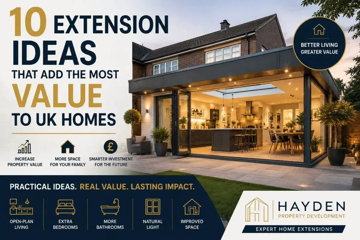 10 Extension Ideas That Add the Most Value to UK Homes Modern rear house extension with open-plan kitchen, bi-fold glass doors, and rooflights, highlighting 10 extension ideas that add the most value to UK homes