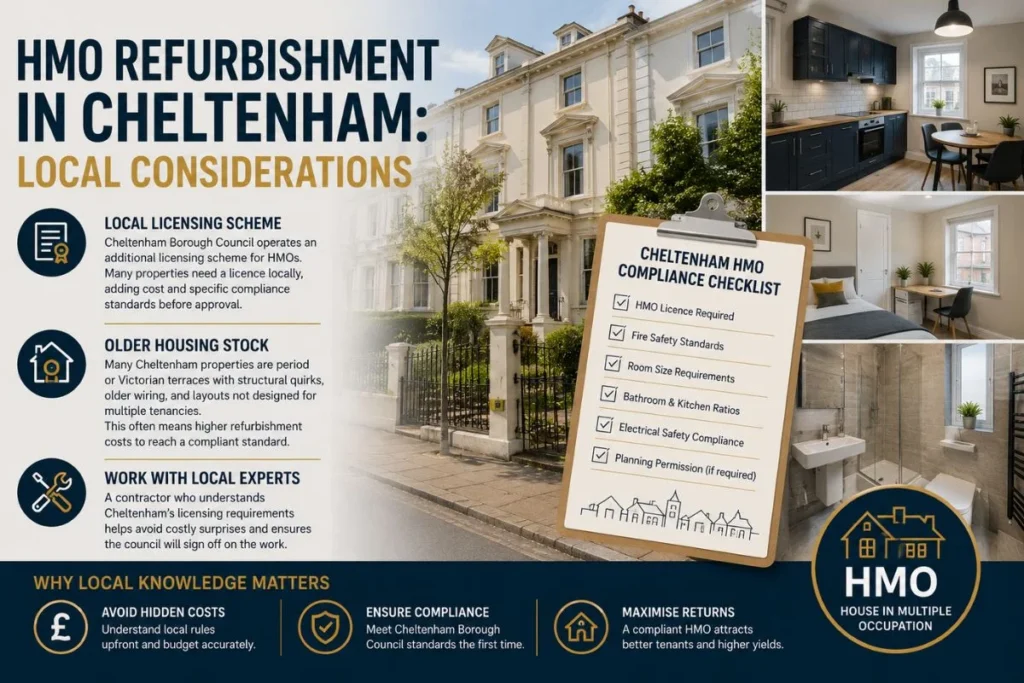 Infographic titled "HMO Refurbishment in Cheltenham: Local Considerations" featuring a Victorian terrace, modern HMO kitchen, bedroom and bathroom, with information on local licensing requirements, older housing stock, HMO compliance checklist, and the benefits of working with local refurbishment experts.