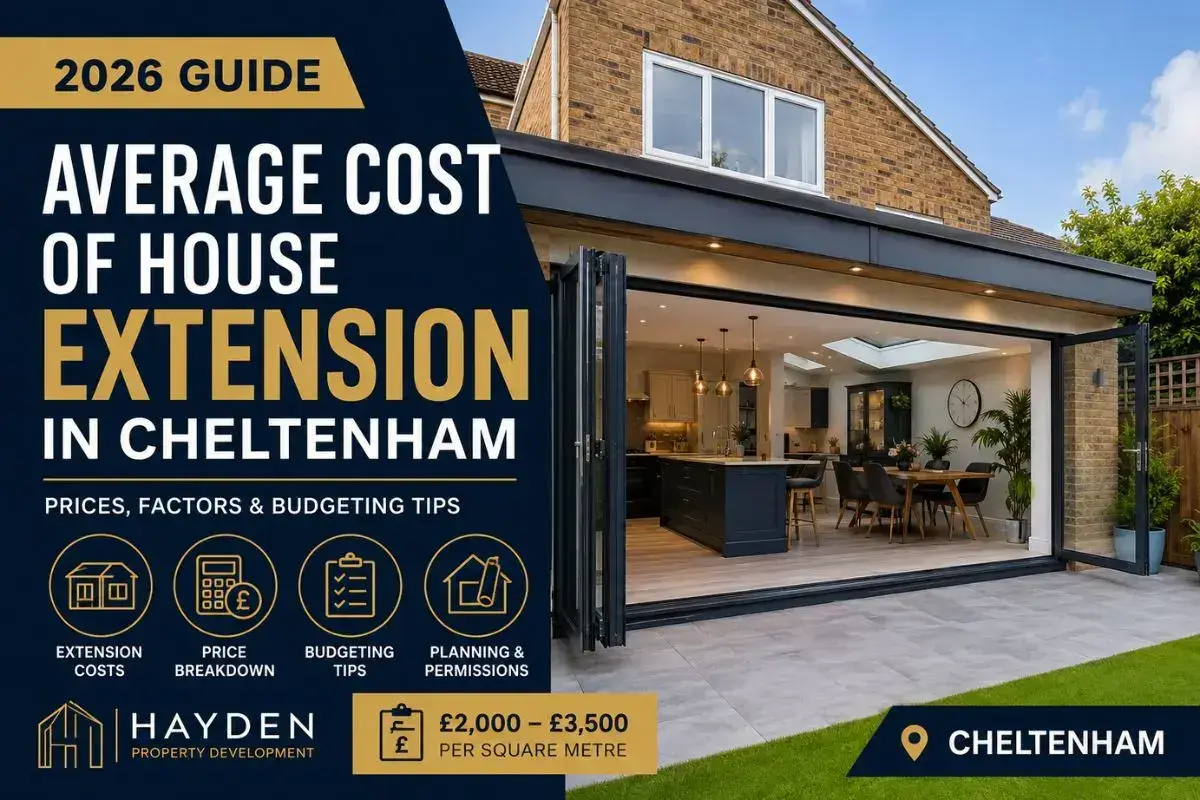 Modern single-storey house extension in Cheltenham with large bi-fold doors opening into a contemporary open-plan kitchen and dining area, featured in a 2026 guide on the average cost of house extensions