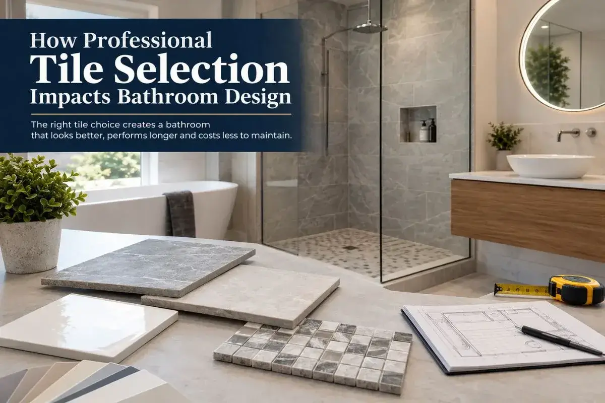 How Professional Tile Selection Impacts Bathroom Design "Modern bathroom featuring a walk in glass shower with textured mosaic shower floor tiles, large format porcelain wall tiles, a freestanding bathtub, floating wooden vanity, and tile samples displayed in the foreground to illustrate professional bathroom tile selection and design."