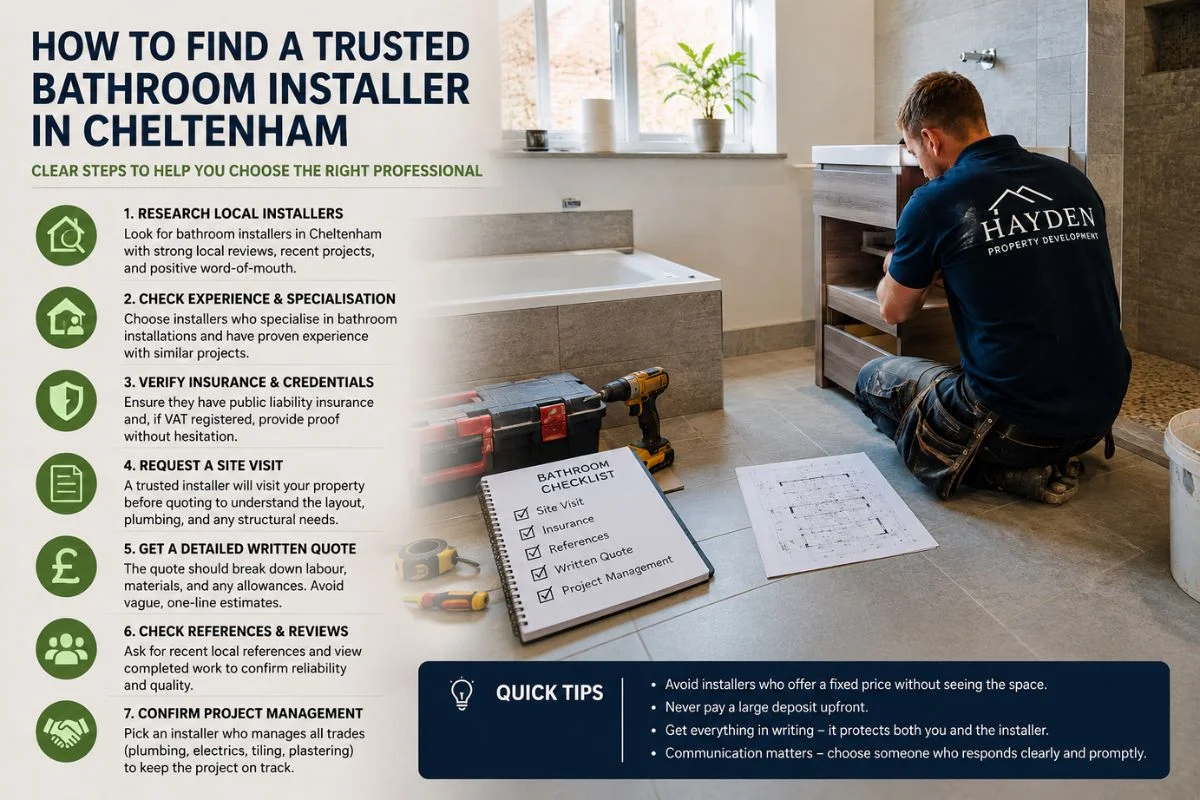 Bathroom installer in Cheltenham fitting a vanity unit in a modern bathroom with an infographic showing seven tips for choosing a trusted bathroom installer, including checking experience, insurance, written quotes, references, and project management.