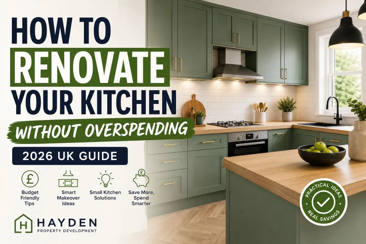 How to Renovate Your Kitchen Without Overspending Modern green kitchen with painted cabinets, wood worktops, and updated lighting illustrating a cheap kitchen renovation in the UK