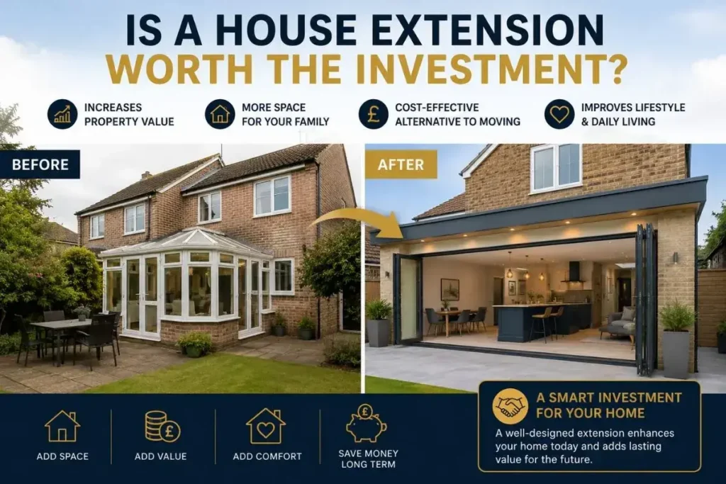 Before and after comparison of a house extension showing how a modern rear extension with bi-fold doors and an open-plan kitchen can increase property value and living space.