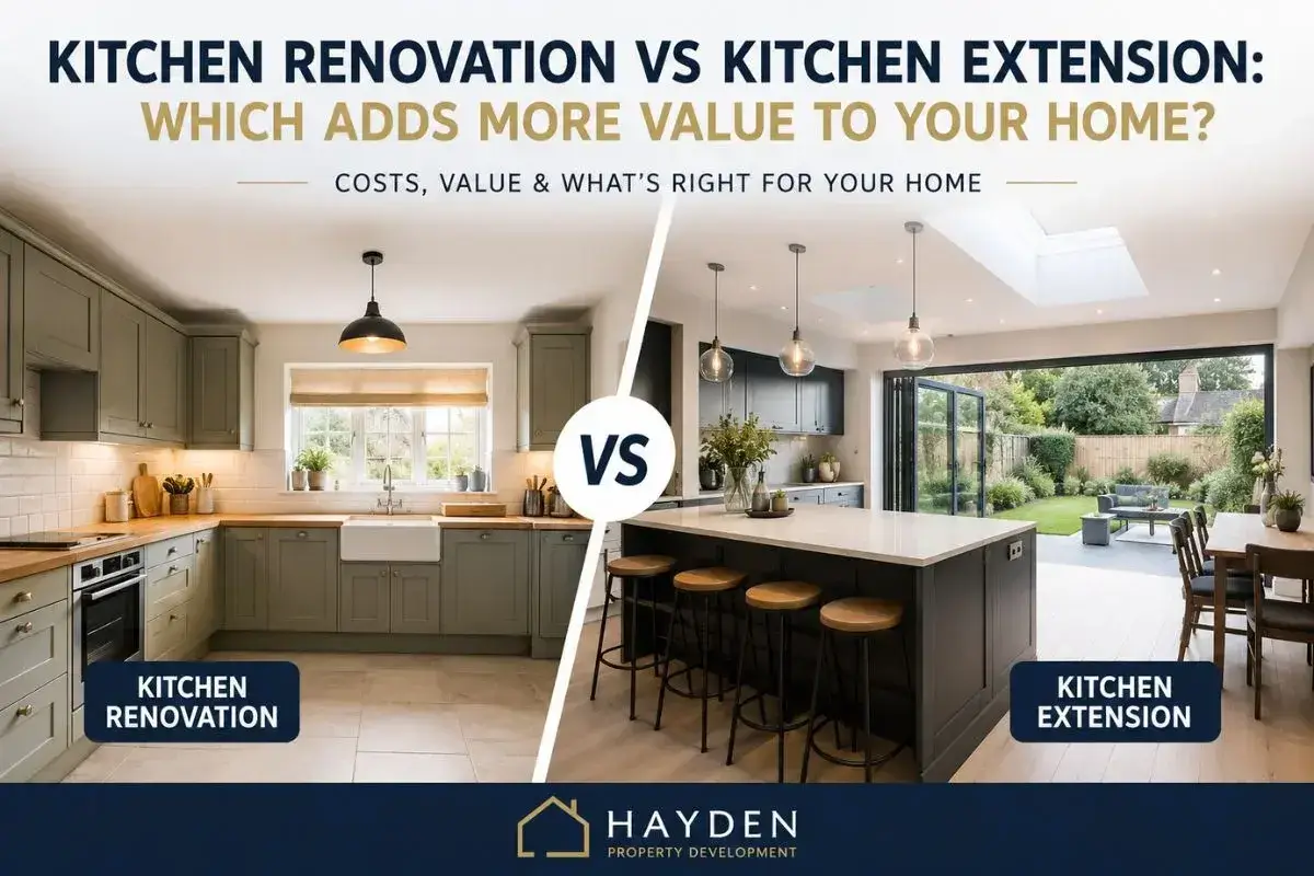Kitchen Renovation vs Kitchen Extension comparison showing a modern renovated kitchen beside a spacious open plan kitchen extension with garden access, highlighting which option adds more value to a home. Hayden Property Development.