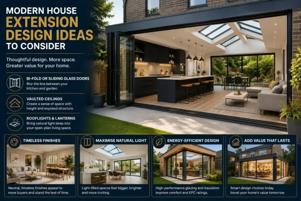 Modern house extension design featuring bi-fold doors, vaulted ceilings, rooflights, and an open-plan kitchen, showcasing contemporary extension ideas that add value to a home