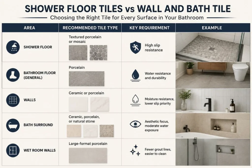 Infographic comparing shower floor tiles, bathroom floor tiles, wall tiles, bath surround tiles, and wet room wall tiles. The guide recommends textured porcelain or mosaic for shower floors, porcelain for bathroom floors, ceramic or porcelain for walls, ceramic, porcelain, or natural stone for bath surrounds, and large format porcelain for wet room walls, highlighting key requirements such as slip resistance, water resistance, moisture protection, and easier cleaning.