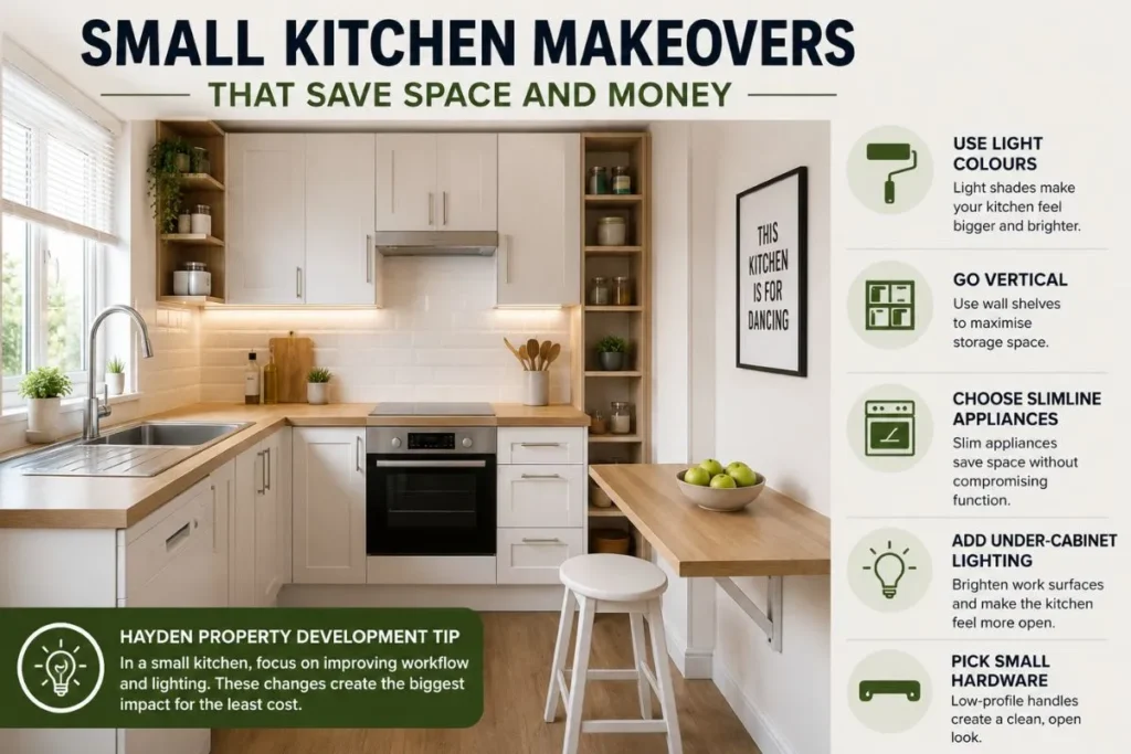 Small modern kitchen makeover with white cabinets, wood worktops, open shelving, and space-saving design ideas for a budget-friendly renovation.