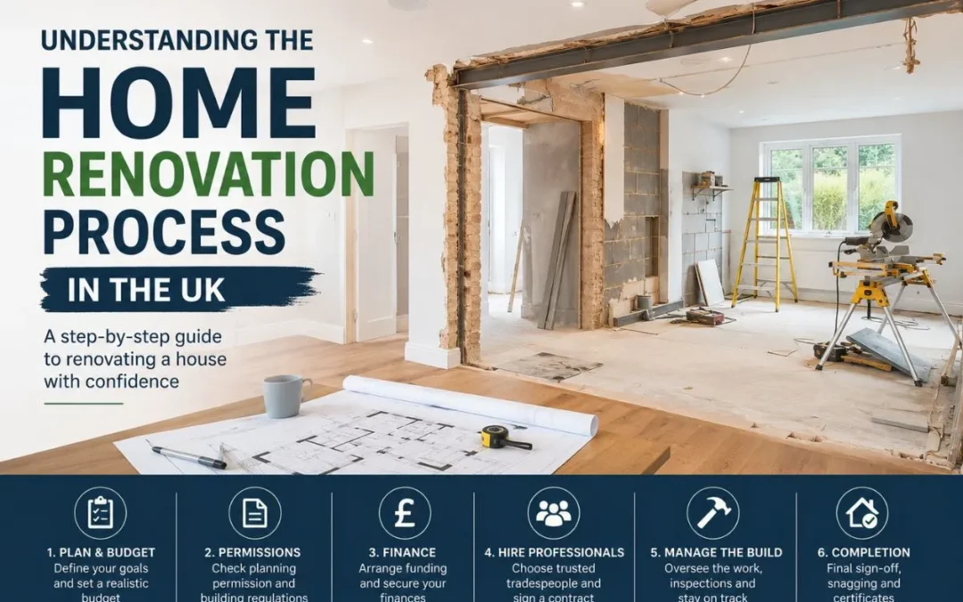 Home renovation process in the UK showing a partially renovated open-plan house with exposed walls, construction tools, architectural plans, and a six-step renovation guide covering planning, permissions, budgeting, hiring professionals, construction, and project completion.