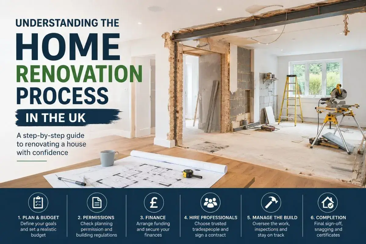 Home renovation process in the UK showing a partially renovated open-plan house with exposed walls, construction tools, architectural plans, and a six-step renovation guide covering planning, permissions, budgeting, hiring professionals, construction, and project completion.