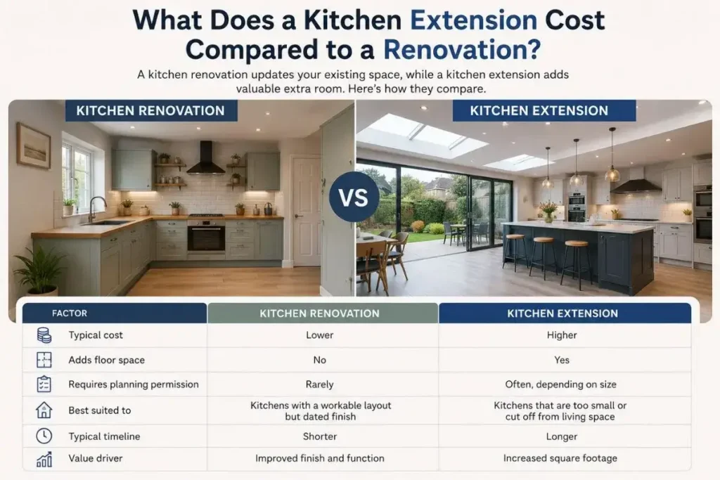 Infographic comparing the cost of a kitchen renovation versus a kitchen extension. The left side shows a modern renovated kitchen, while the right side features a spacious kitchen extension with large sliding glass doors and skylights. A comparison table highlights key differences: renovations have lower costs, do not add floor space, rarely require planning permission, suit kitchens with workable layouts but dated finishes, have shorter timelines, and improve finish and function. Extensions have higher costs, add floor space, often require planning permission depending on size, suit kitchens that are too small or separated from living areas, take longer to complete, and increase square footage.