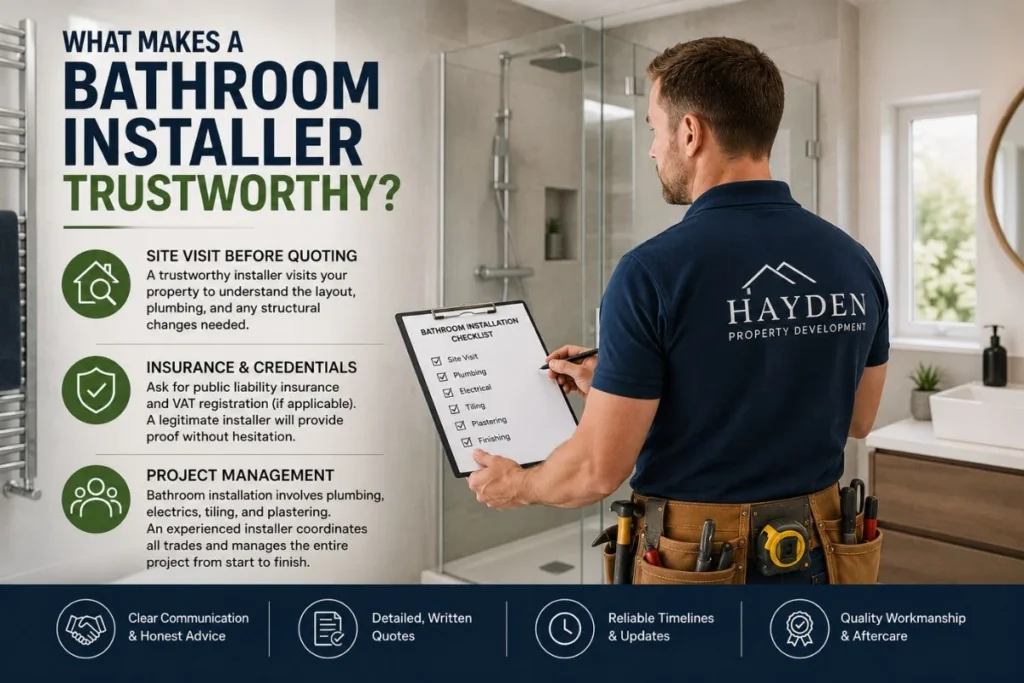Bathroom installer carrying out a site inspection in a modern bathroom while holding an installation checklist. The infographic explains what makes a bathroom installer trustworthy, including site visits before quoting, insurance and credentials, project management, clear communication, written quotes, reliable timelines, and quality workmanship.