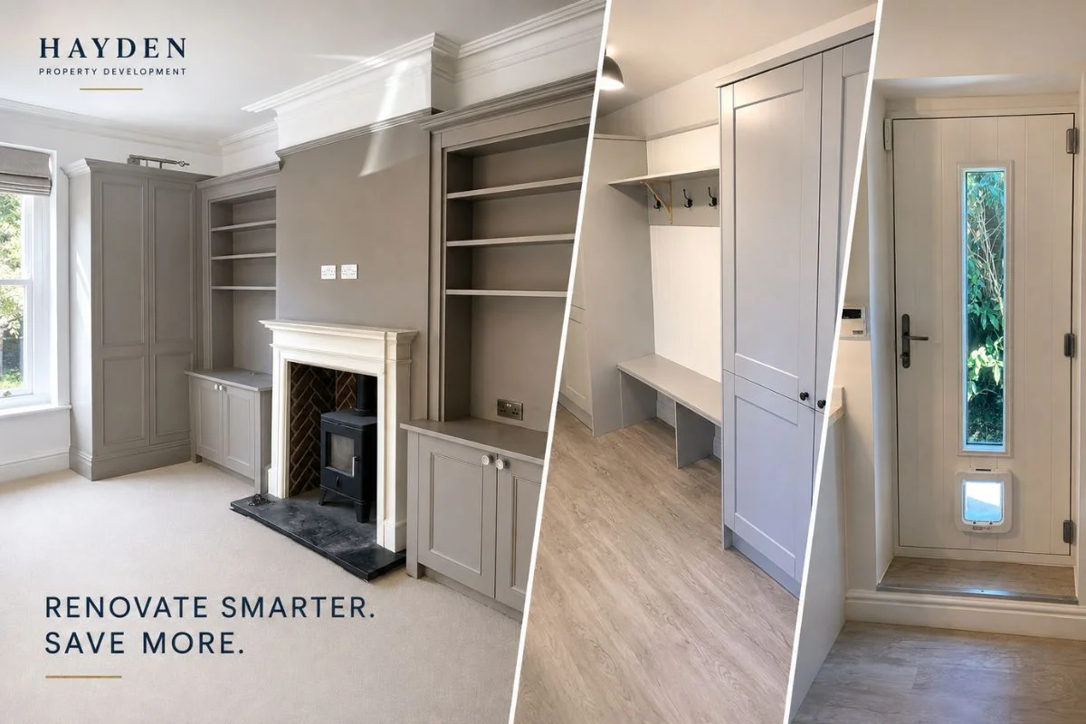 10 Ways to Save Money on a Home Renovation Hayden Property Development home renovation featuring bespoke built-in storage, fireplace, hallway cabinetry and entrance door.