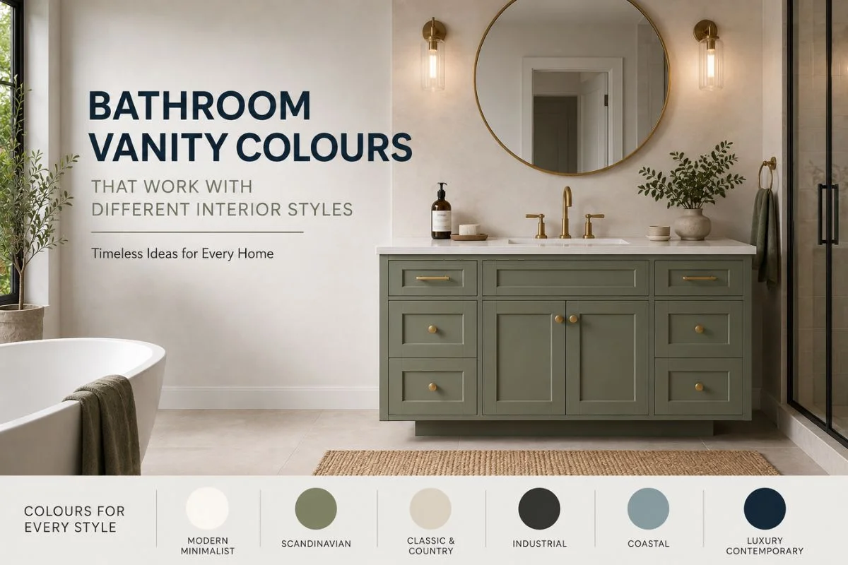 Bathroom Vanity Colours That Work With Different Interior Styles Bathroom vanity colour guide featuring a sage green vanity, with colour palettes for modern minimalist, Scandinavian, classic country, industrial, coastal, and luxury contemporary interiors.