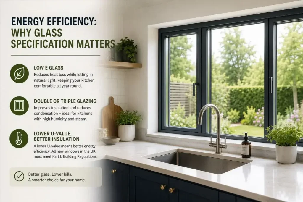 Professional kitchen with energy efficient black framed window, showcasing Low E glass, double glazing and lower U value for improved insulation.