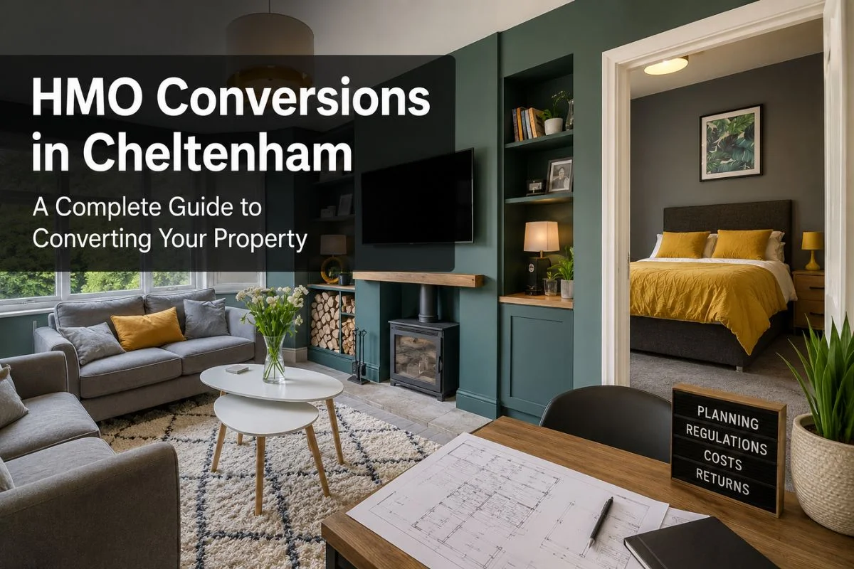 HMO Conversions in Cheltenham A Complete Guide to Converting Your Property HMO conversion in Cheltenham featuring a modern living room, bedroom, and property planning workspace.