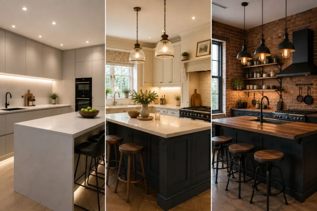 Three realistic kitchen interiors showing contemporary, traditional, and industrial kitchen lighting styles with recessed lights, pendant lights, and exposed filament bulbs.