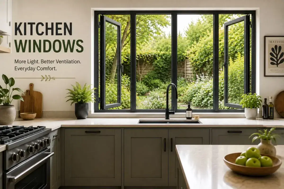 Kitchen Windows That Improve Light, Ventilation and Everyday Comfort Modern kitchen with large black framed windows above the sink, bringing in natural light and providing views of a lush garden.