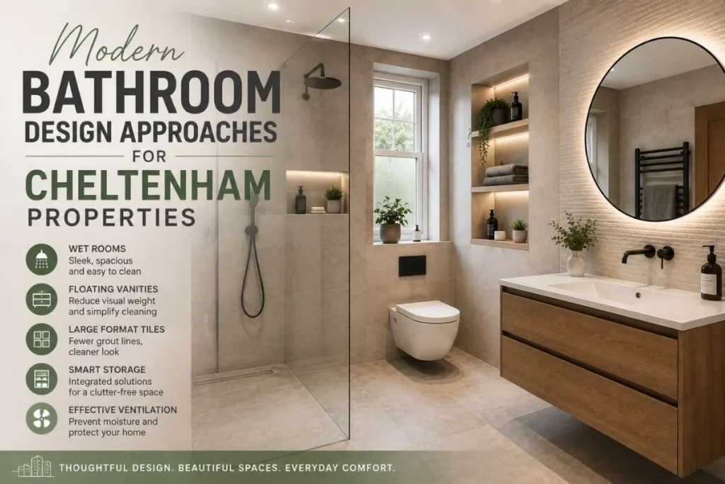 Modern bathroom design in a Cheltenham property featuring a walk-in wet room, floating vanity, large format tiles, integrated storage and effective ventilation.
