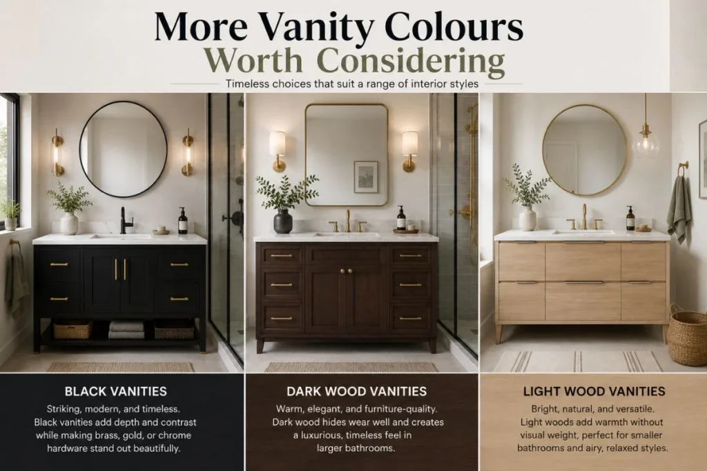 Three bathroom vanity colours: black, dark wood, and light wood, styled in elegant modern bathroom interiors.