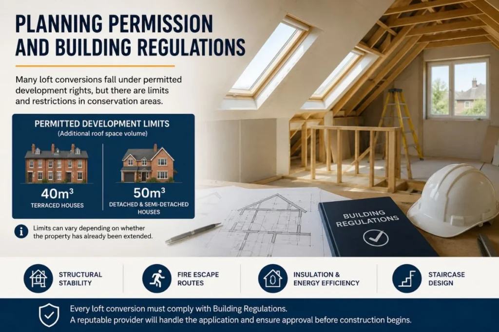 Planning permission and building regulations for loft conversions, showing permitted development limits, building regulations, fire escape routes, insulation, and staircase design.