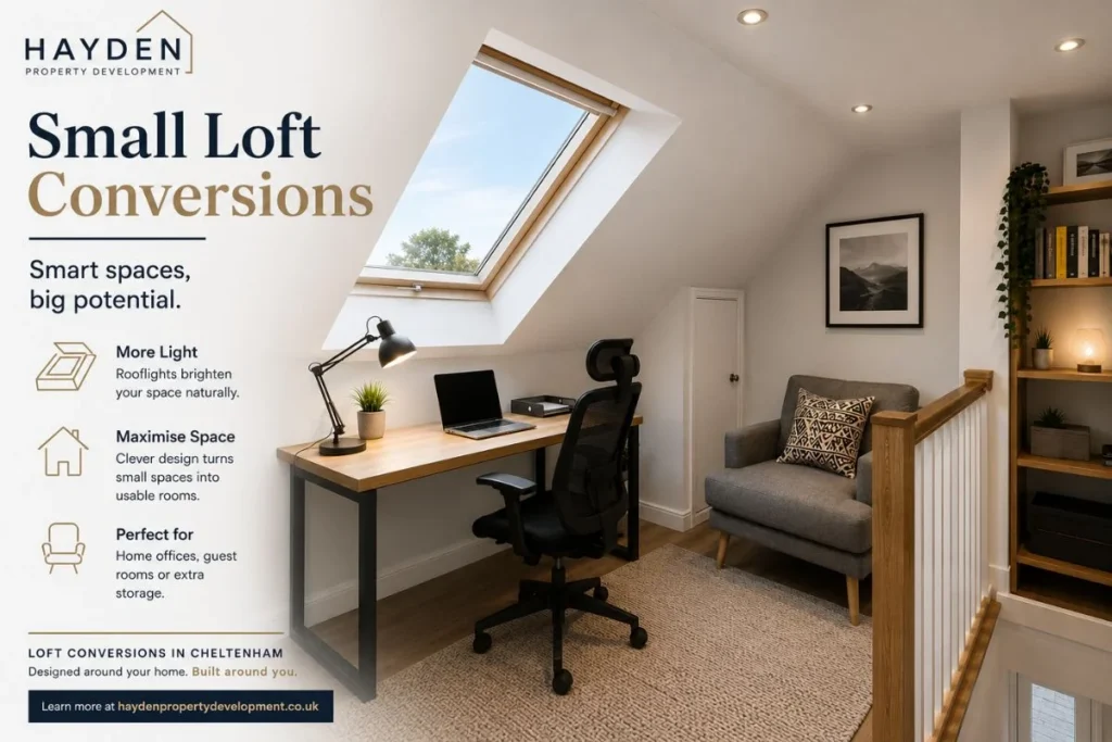Small loft conversion in Cheltenham featuring a bright home office, rooflight, and practical use of attic space by Hayden Property Development.