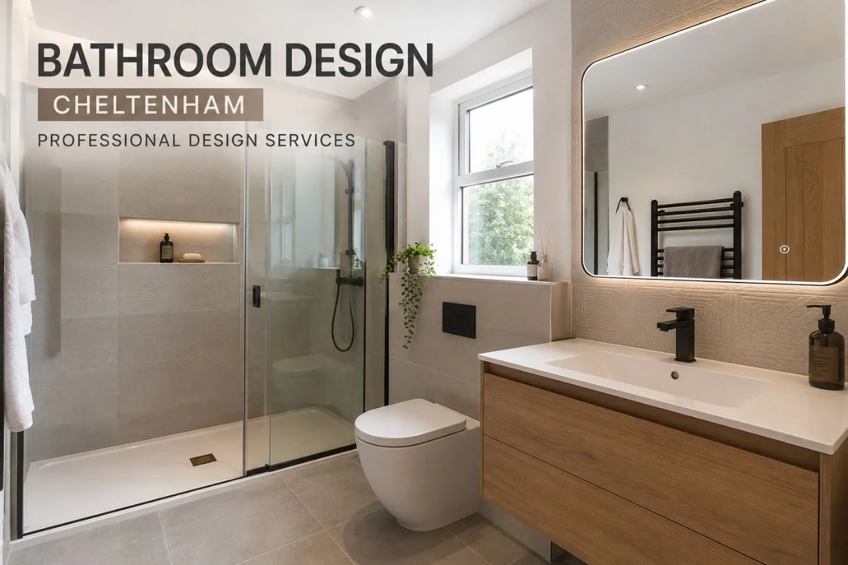 Transform Your Bathroom with Professional Design Services in Cheltenham Modern bathroom design in Cheltenham with a walk-in shower, floating oak vanity, wall-mounted toilet and illuminated mirror.