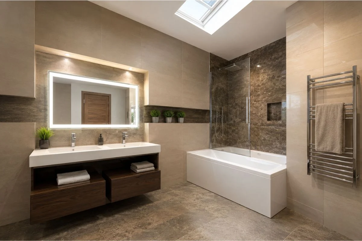 Modern Cotswolds bathroom installation with skylight, illuminated mirror, fitted bath and dark stone shower wall.