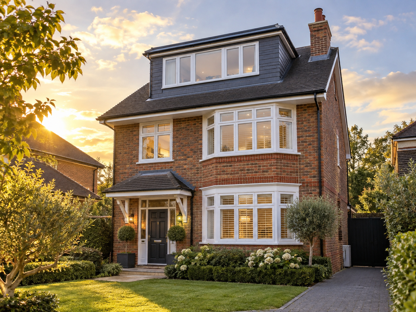 dormer-loft-conversion A renovated two-story red-brick home with white-framed windows, a dark roof, and a neat garden glows in warm sunset light, creating a welcoming feel.