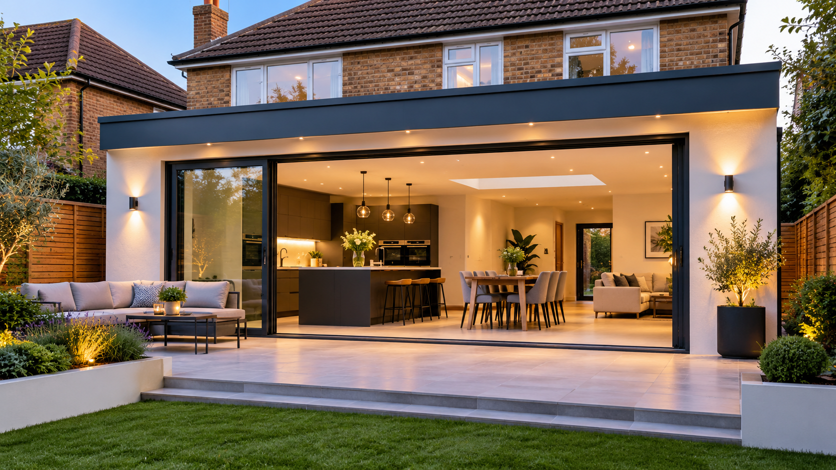 single-storey-rear-extension A modern glass-walled home extension opens onto a landscaped garden, revealing a warm, elegant kitchen and dining area at dusk, inviting and calm.