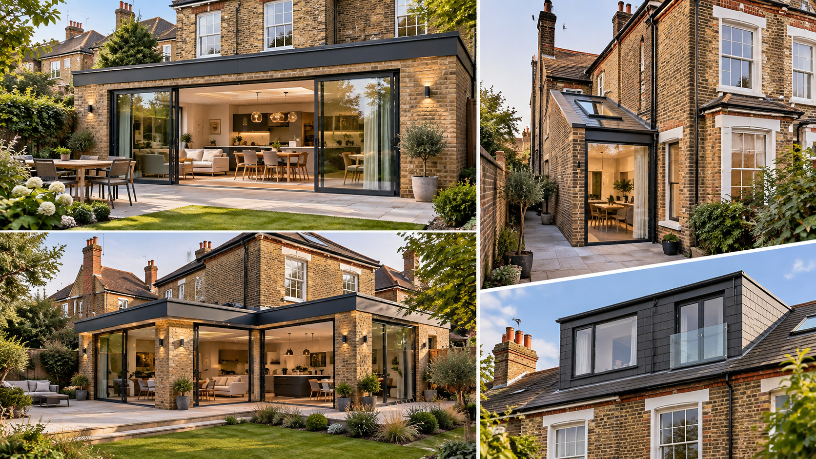 types-of-home-etensions Four-panel collage of a traditional brick townhouse with a sleek glass-and-black-metal extension, warm interiors, patio seating, and lush landscaping.