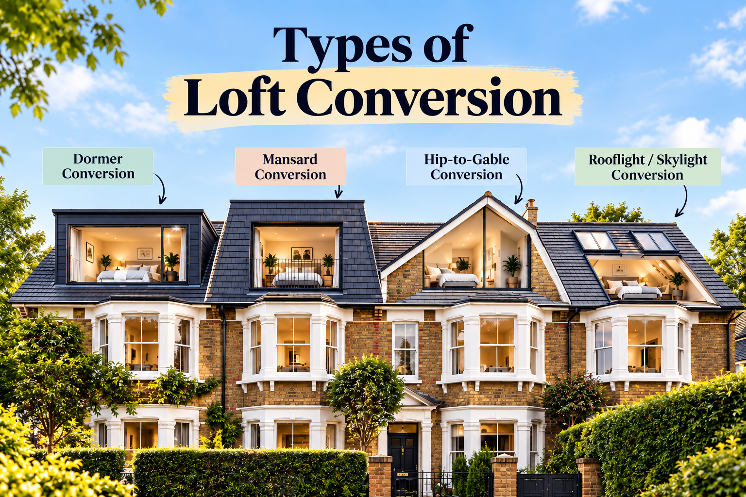 types-of-loft-conversion Illustration titled “Types of Loft Conversion” shows a bright brick house with dormer, mansard, hip-to-gable, and rooflight conversions labeled above the roof.